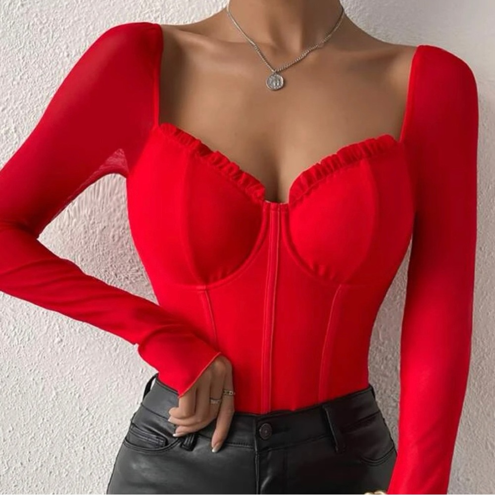 Sweetheart Neckline Frill Bustier Mesh Bodysuit